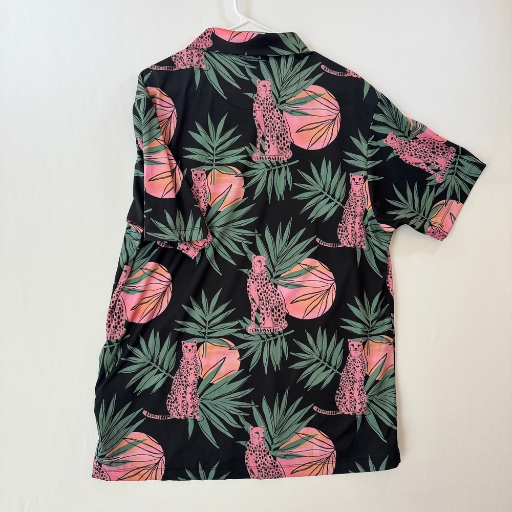 Bad Birdie Mens Pink Cheetah Tropical Palm Golf Polo Shirt Black XL - Picture 2 of 8